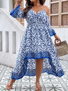 SHEIN Clasi Plus Floral Print Cold Shoulder High Low Hem Dress - Blue and White - View 6