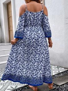 SHEIN Clasi Plus Floral Print Cold Shoulder High Low Hem Dress - Blue and White - View 2