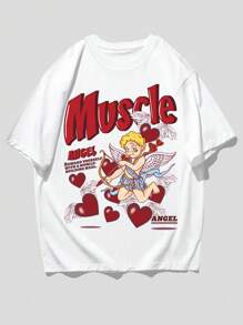 ROMWE MEN Street Life 男士天使与字母图案 T 恤，学校 - 白色 - 查看 1