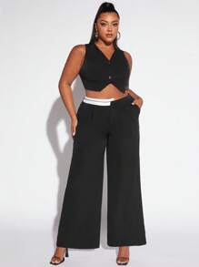 SHEIN SXY Plus Button Front Vest Blazer & Wide Leg Trousers - Black - View 3