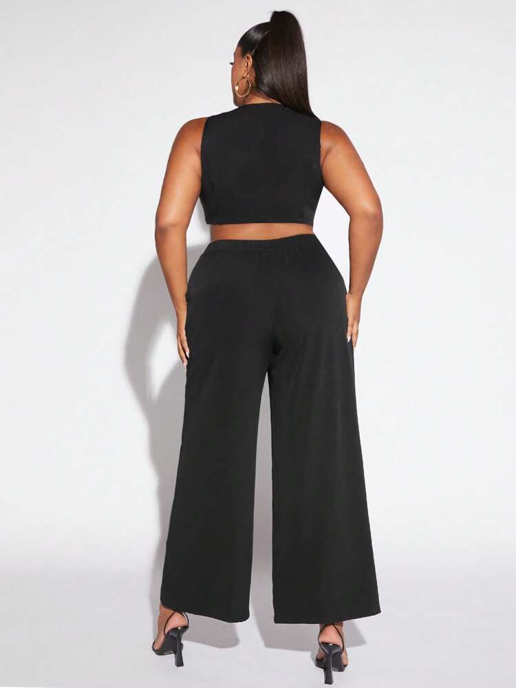 Plus Button Front Vest Blazer & Wide Leg Pants