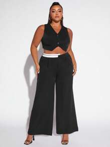 SHEIN SXY Plus Button Front Vest Blazer & Wide Leg Trousers - Black - View 1