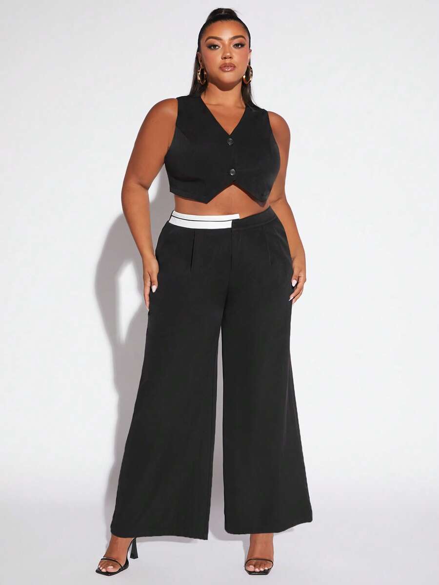 SHEIN SXY Plus Button Front Vest Blazer & Wide Leg Trousers - Black - View 1