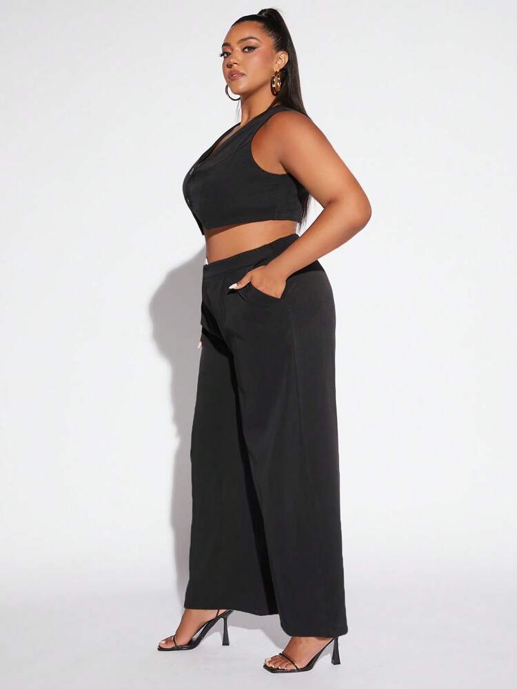 Plus Button Front Vest Blazer & Wide Leg Pants