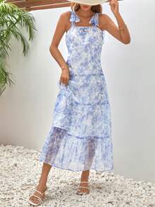 SHEIN Frenchy Vestido de tirantes con estampado floral de hombro con nudo bajo con fruncido - Azul y blanco - Ver 3