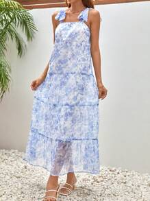 SHEIN Frenchy Vestido de tirantes con estampado floral de hombro con nudo bajo con fruncido - Azul y blanco - Ver 6