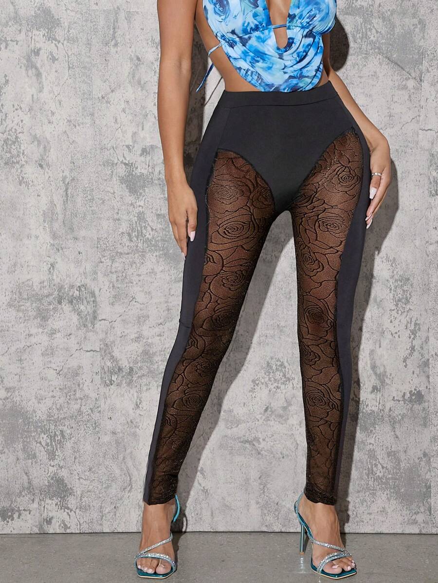 SHEIN Unity 对比色花卉网眼弹性腰部拼接紧身裤