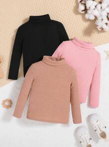 SHEIN Set de 3 piezas para bebé niña: Top de manga larga, cuello alto, elástico y cómodo, de uso versátil y casual - Multicolor - Ver 1