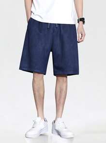 Men Drawstring Waist Slant Pocket Shorts - Blue - View 1