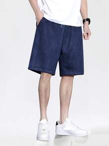 Men Drawstring Waist Slant Pocket Shorts - Blue - View 3