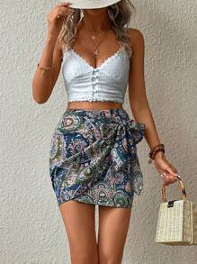 SHEIN VCAY 佩斯利印花側打結裹身裙 - 軍綠色 - 查看 1