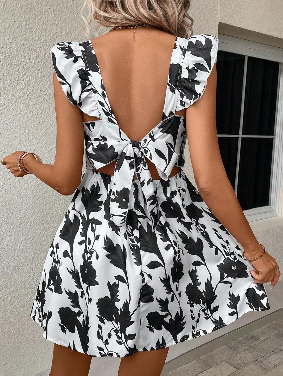SHEIN VCAY Floral Print Tie Backless Ruffle Trim Dress