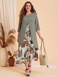 EMERY ROSE Plus 2 In 1 Tropical Print Dress - Army Green - View 1