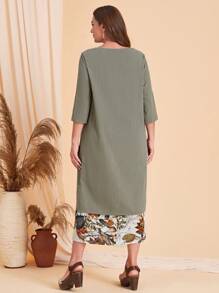 EMERY ROSE Plus 2 In 1 Tropical Print Dress - Army Green - View 2