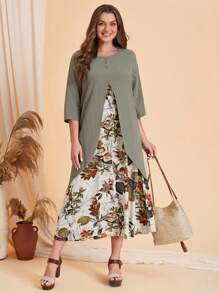 EMERY ROSE Plus 2 In 1 Tropical Print Dress - Army Green - View 4