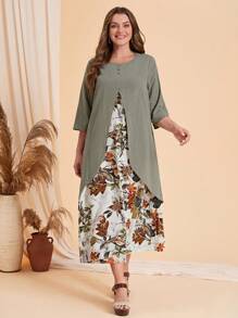 EMERY ROSE Plus 2 In 1 Tropical Print Dress - Army Green - View 5