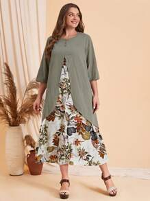 EMERY ROSE Plus 2 In 1 Tropical Print Dress - Army Green - View 3