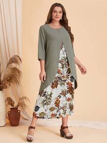 EMERY ROSE Plus 2 In 1 Tropical Print Dress - Army Green - View 6