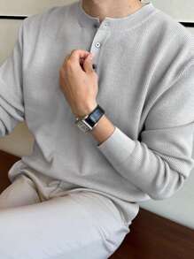 DAZY Áo len nam cài nửa nút mùa đông - Xám - Xem 1