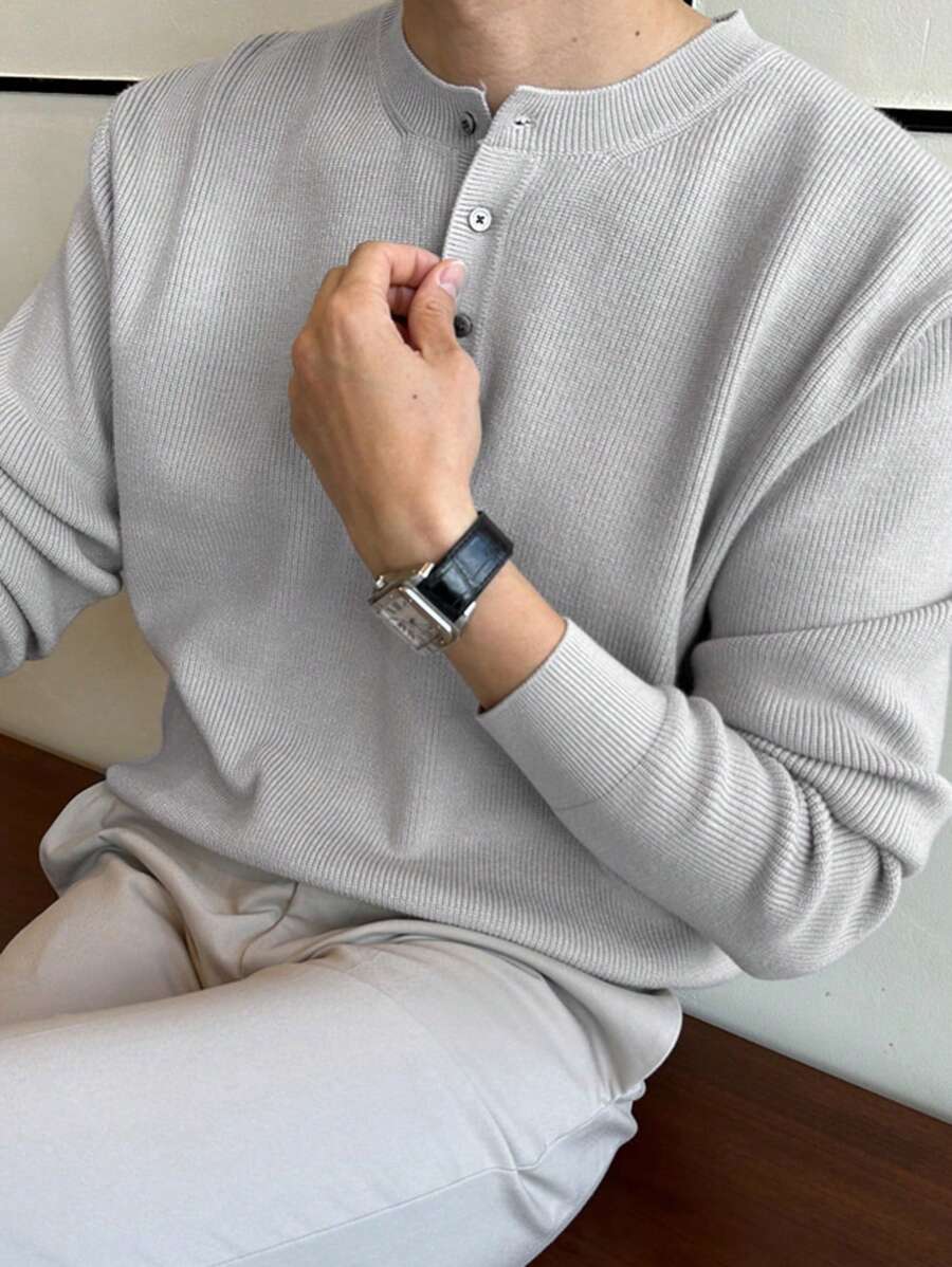 DAZY Áo len nam cài nửa nút mùa đông - Xám - Xem 1