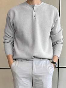 DAZY Áo len nam cài nửa nút mùa đông - Xám - Xem 2