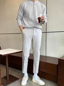 DAZY Áo len nam cài nửa nút mùa đông - Xám - Xem 4