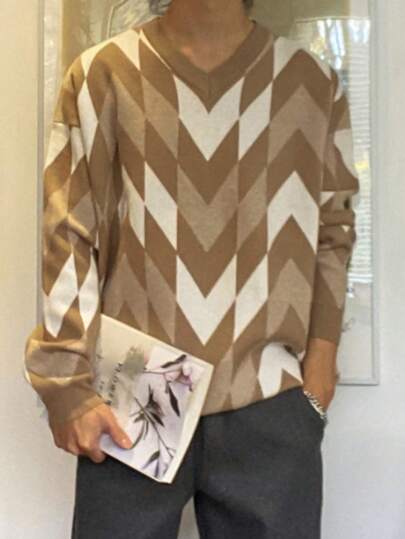 DAZY 男士幾何圖案落肩袖套頭毛衣