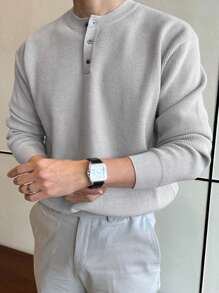 DAZY Áo len nam cài nửa nút mùa đông - Xám - Xem 5