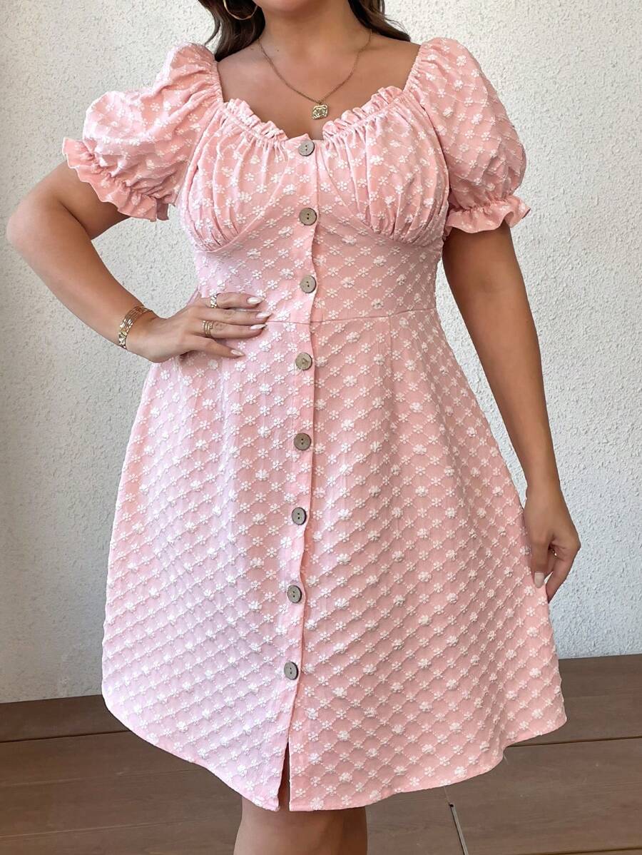 SHEIN Qutie 大碼提花前紐扣褶邊洋裝 - 粉色 - 查看 1