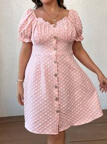 SHEIN Qutie 大碼提花前紐扣褶邊洋裝 - 粉色 - 查看 4