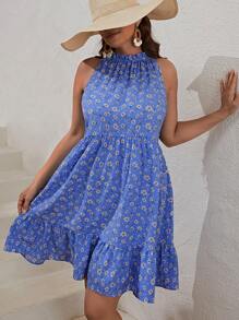 SHEIN VCAY 大碼碎花荷葉邊掛脖洋裝 - 藍色 - 查看 2