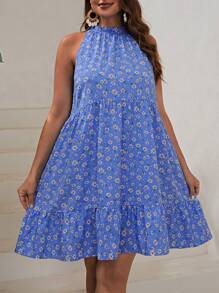 SHEIN VCAY 大碼碎花荷葉邊掛脖洋裝 - 藍色 - 查看 1