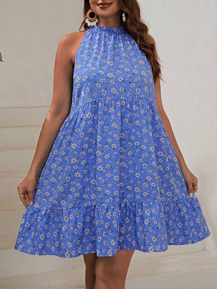 SHEIN VCAY 大碼碎花荷葉邊掛脖洋裝 - 藍色 - 查看 1