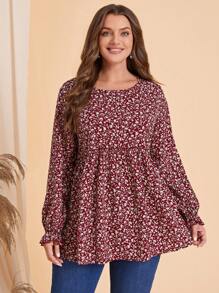 EMERY ROSE Plus Ditsy Floral Print Flounce Sleeve Peplum Blouse