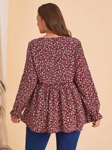 EMERY ROSE Plus Ditsy Floral Print Flounce Sleeve Peplum Blouse