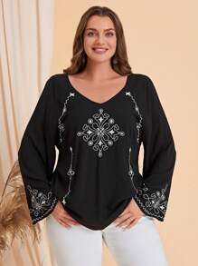 EMERY ROSE Plus Embroidery Detail Flounce Sleeve Blouse - Black - View 6