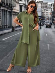 SHEIN LUNE Plus Batwing Sleeve Shirt & Wide Leg Pants - Army Green - View 2