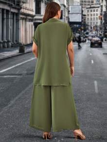 SHEIN LUNE Plus Batwing Sleeve Shirt & Wide Leg Pants - Army Green - View 3