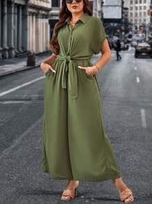 SHEIN LUNE Plus Batwing Sleeve Shirt & Wide Leg Pants - Army Green - View 1