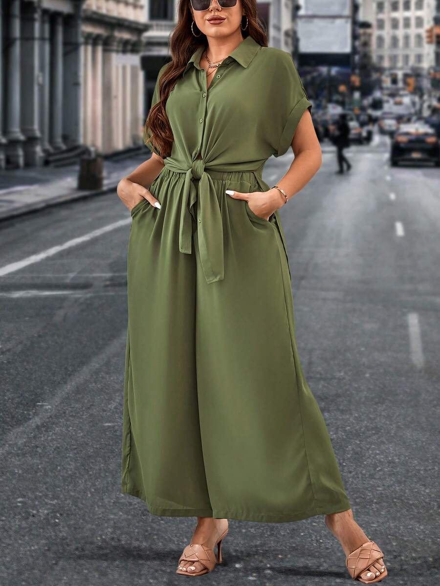 SHEIN LUNE Plus Batwing Sleeve Shirt & Wide Leg Pants - Army Green - View 1