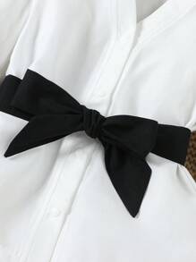 SHEIN Vestido blanco con cinturón negro con manga de burbuja y cuello en V elegante a la moda para bebé niñas 2 piezas - Blanco y Negro - Ver 5