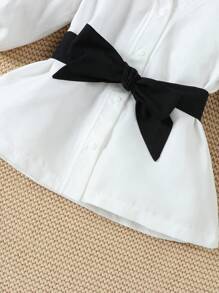 SHEIN Vestido blanco con cinturón negro con manga de burbuja y cuello en V elegante a la moda para bebé niñas 2 piezas - Blanco y Negro - Ver 7