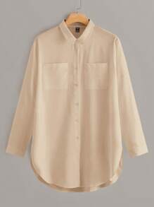 Calvaya 大碼素色前紐扣襯衫 - 杏色 - 查看 1