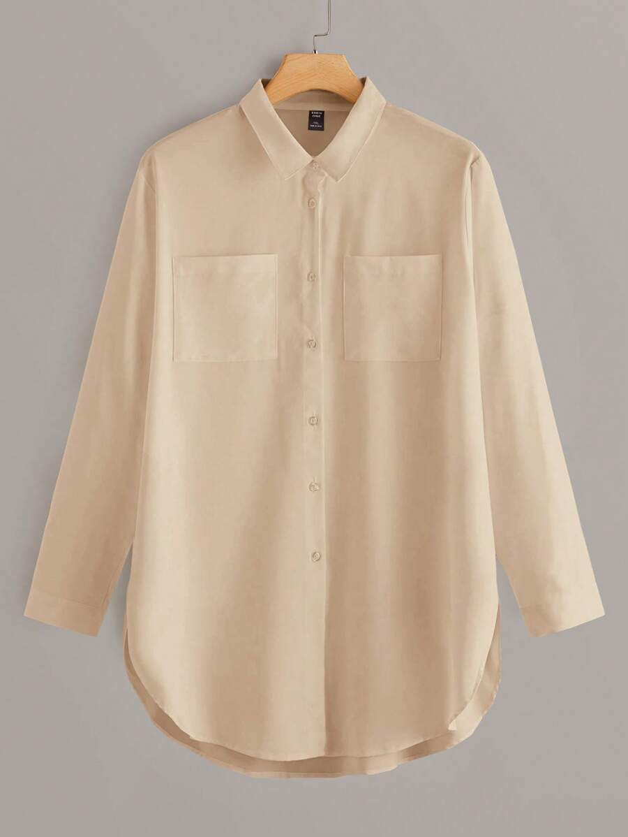 Calvaya 大碼素色前紐扣襯衫 - 杏色 - 查看 1
