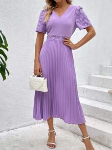 SHEIN Clasi Solid Pleated Hem A-line Dress - Purple - View 2