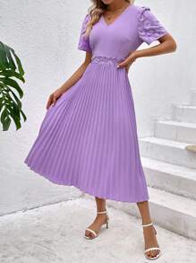 SHEIN Clasi Solid Pleated Hem A-line Dress - Purple - View 4