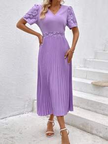 SHEIN Clasi Solid Pleated Hem A-line Dress - Purple - View 5