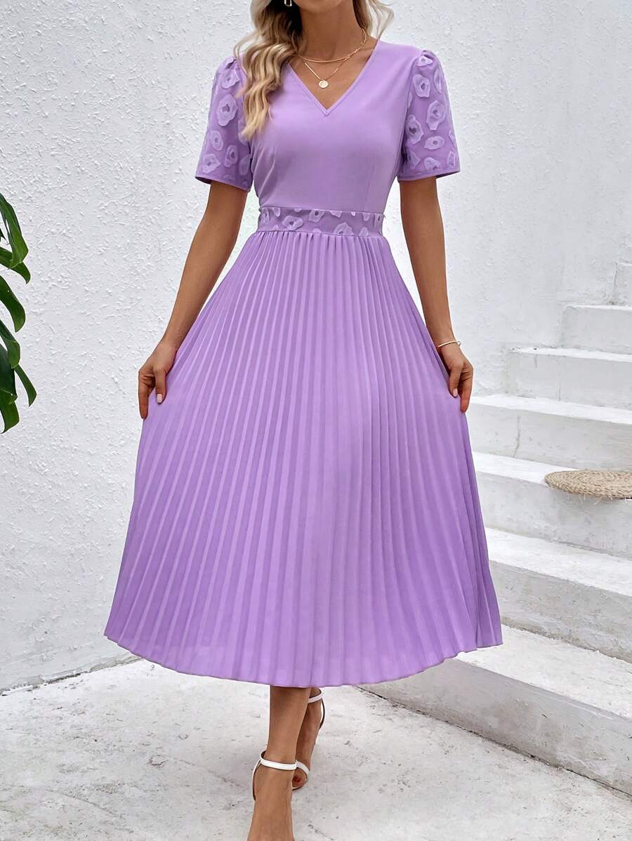 SHEIN Clasi Solid Pleated Hem A-line Dress - Purple - View 1