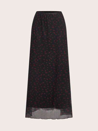 Jupe longue en mailles à broderie de cerises décontractée d'été