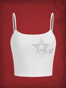 ROMWE Grunge Punk Star Rhinestone Cami Top - White - View 1
